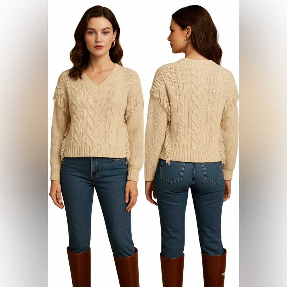 Melrose & Market Cream Cable Knit Fringe Sweater